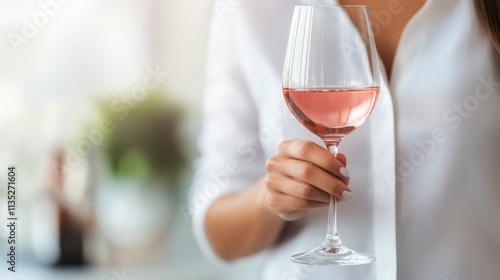 Elegant hand holding a glass of rose wine against a neutral backdrop