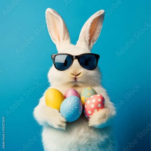 Rabbit wearing sunglasses holds colorful Easter eggs in a bright blue setting