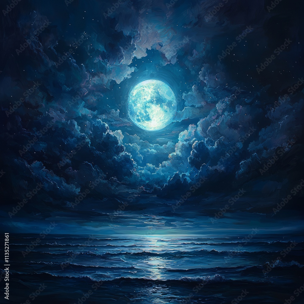 A serene night scene featuring a luminous moon over dark, turbulent ocean waves. A serene night scene featuring a luminous moon over dark, turbulent ocean waves.