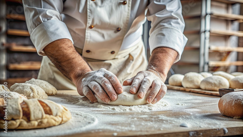 Skilled hands knead dough, transforming flour into delicious bread.The process of shaping the dough in the bakery is the most important stage in baking bread.A baker's hands, a testament to the craft 
