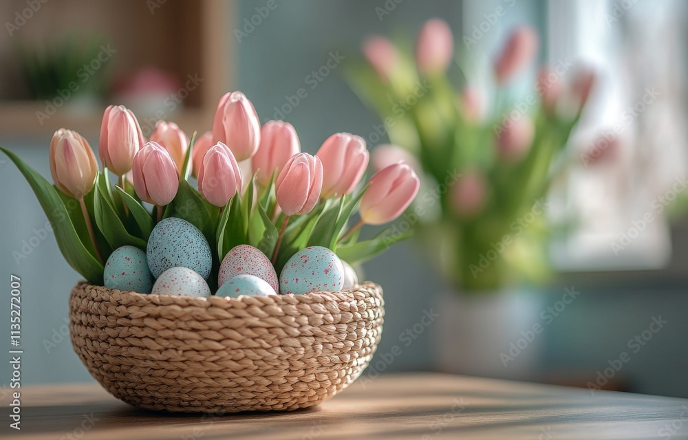 Obraz premium Colorful tulips and decorative eggs arranged in a rustic basket for spring celebration