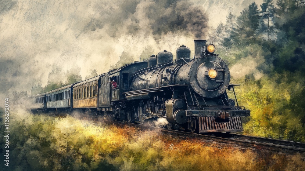 Fototapeta premium Vintage steam locomotive and wagons illustration watercolor