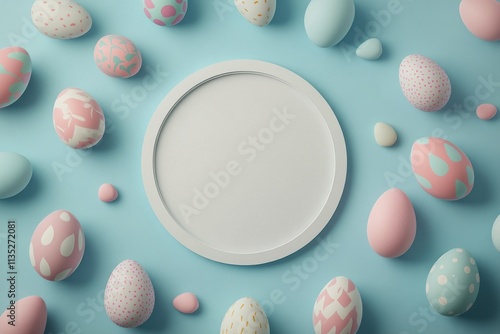 Colorful decorative eggs arranged around an empty white frame on a blue backg...