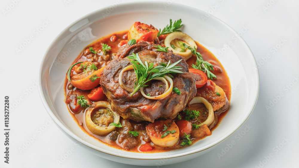 White plate of ossobuco on a white background with tender meat and a rich, savory sauce.A well-balanced meal, featuring succulent veal shanks and a medley of vegetables. White plate of ossobuco on a white background with tender meat and a rich, savory sauce.A well-balanced meal, featuring succulent veal shanks and a medley of vegetables.