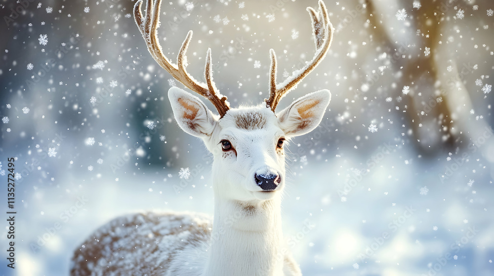 Serene white deer amidst falling snowflakes in a tranquil winter landscape4k image Serene white deer amidst falling snowflakes in a tranquil winter landscape4k image