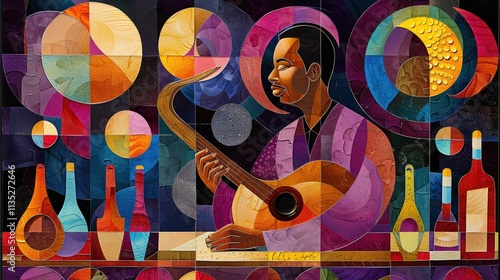 Mosaic-style man plays lute with colorful background.