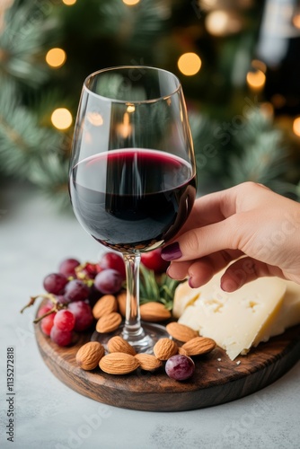 Enjoying red wine with fresh grapes in a cozy dining setting during the evening