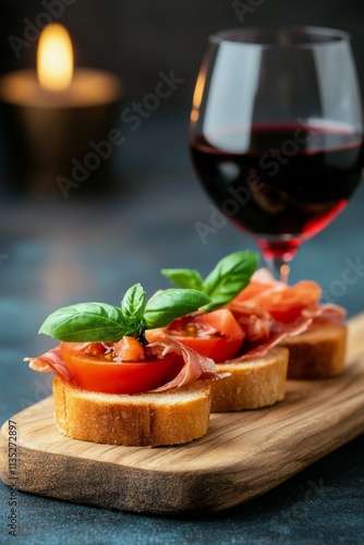 Elegant bruschetta with fresh tomatoes and basil paired with red wine on wood...