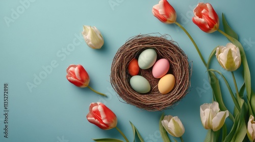 Easter eggs and fresh tulips on a blue background celebrate spring vibes