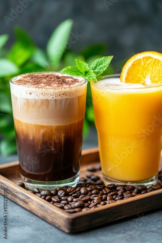 Refreshing orange and iced coffee drinks with fresh orange slices and coffee ...
