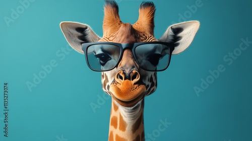 Giraffe with glasses holding a bowl against a bright blue background