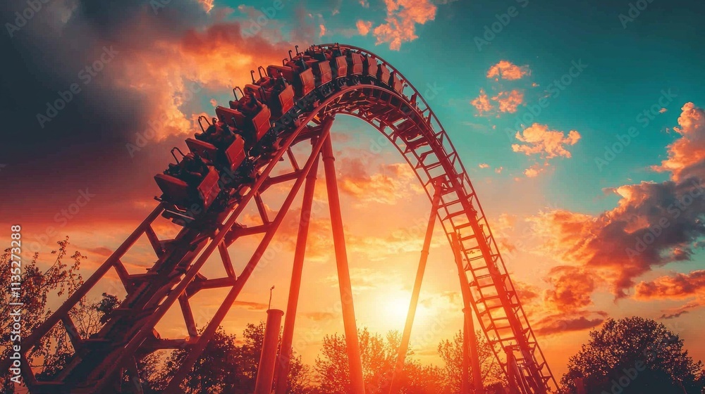 Fototapeta premium A roller coaster with a sunset in the background