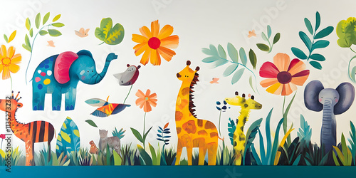 Playful animal mural featuring vibrant colors, perfect for a cheerful children's room design photo