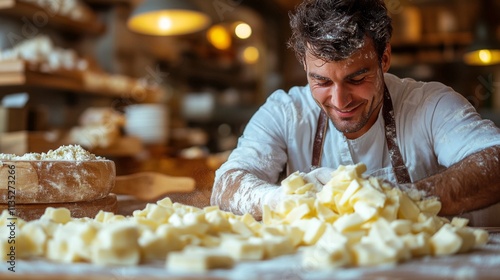Pastry chef preparing croissants with butter in a modern bakery kitchen