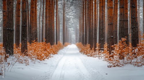 Snowy winter pathway through orange foliage and tall pine trees in a tranquil...