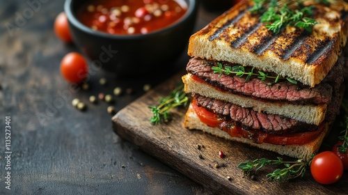 Delicious grilled steak sandwiches with fresh toppings served on a white back...