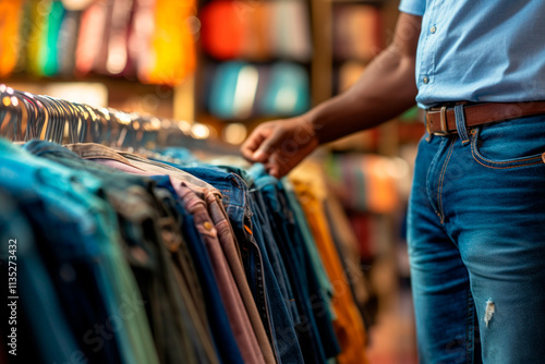 Person selecting and purchasing jeans in a clothing store during a year-end clothing markdown. photo