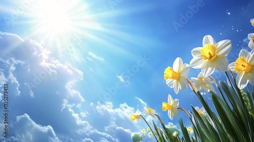 Bright spring flowers bloom under a clear blue sky with sunlight shining