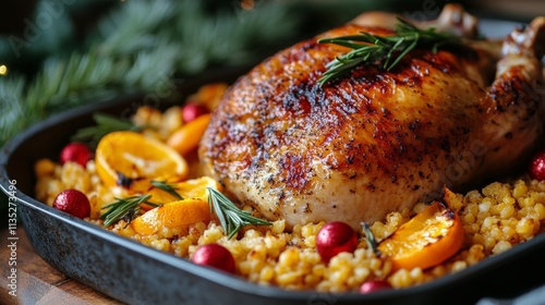 Roast chicken with stuffing and garnishes on a wooden platter for a festive d...