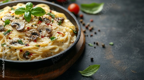 Creamy mushroom pasta served in a skillet with fresh basil on a rustic backgr...