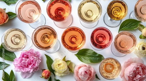 Colorful arrangement of wine glasses surrounded by fresh flowers and greenery