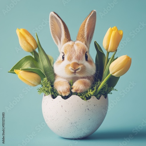 Cute rabbit in an eggshell planter with yellow tulips and greenery for spring...