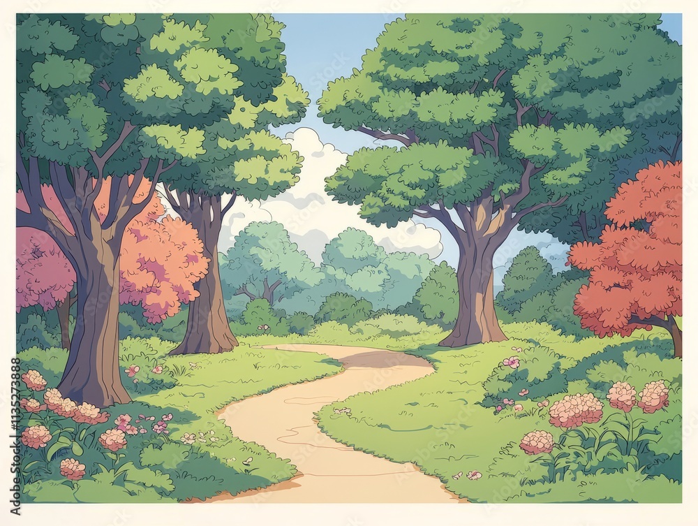 Fototapeta premium A serene pathway through a vibrant, colorful forest scene.