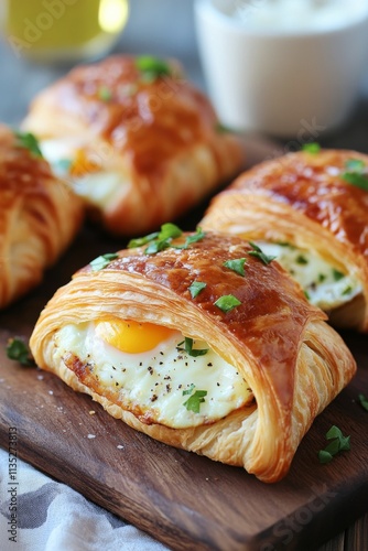Delicious ham and cheese croissant with egg served on a plate with coffee in ...