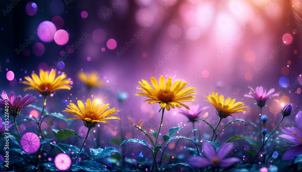 Flower background. Yellow aster meadow. Fantastic glow Flower background. Yellow aster meadow. Fantastic glow