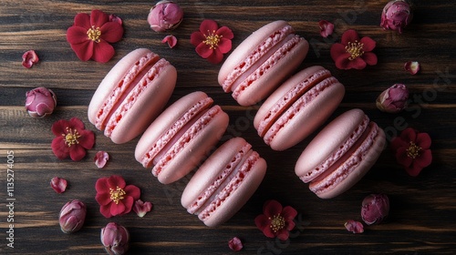 Elegant pink macarons arranged with rose petals on a rustic wooden surface
