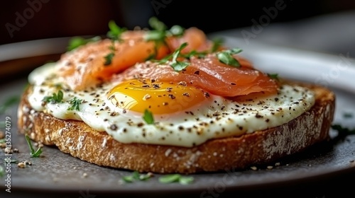 Delicious smoked salmon toast topped with fried egg and cherry tomato on a wo...