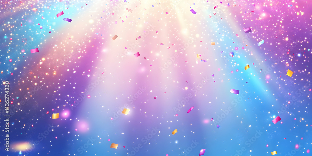 Radiant bokeh effect background with glowing lights, shining dust particles, and confetti overlay, perfect for festive designs Radiant bokeh effect background with glowing lights, shining dust particles, and confetti overlay, perfect for festive designs