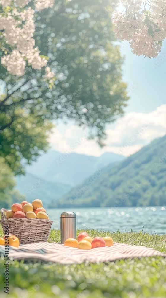 Fototapeta premium A serene picnic scene by the lake with a basket of apples and a drink.