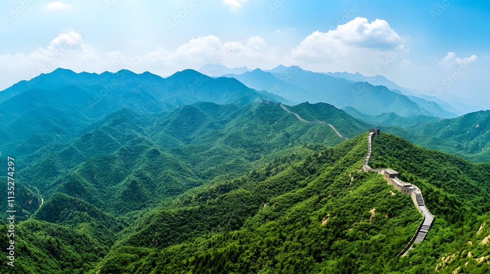 Naklejka premium Majestic Great Wall winds through lush green mountains