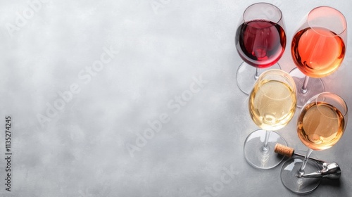 Various wine glasses arranged on a gray surface with a corkscrew nearby