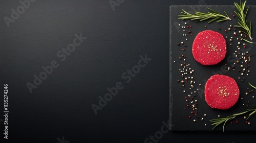Fresh cuts of beef steaks garnished with rosemary on a dark wooden surface