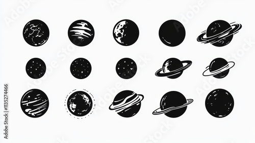 Fototapeta Naklejka Na Ścianę i Meble -  Planet icon set, outlines, in black. Black vector planets on white background