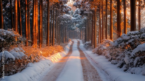 Snowy winter pathway through orange foliage and tall pine trees in a tranquil...
