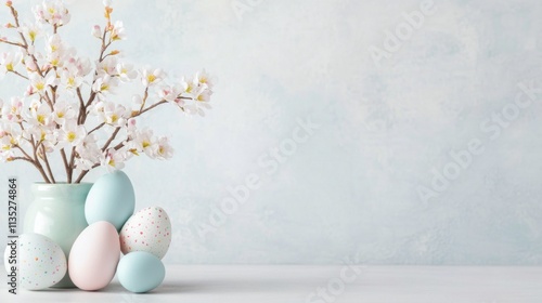 Colorful Easter eggs and cherry blossom branches in a clean modern setting