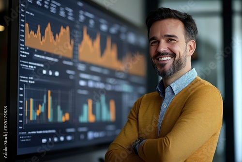 Confident businessman standing in front of a digital screen displaying stock market graphs and data, showcasing financial analysis tools and modern office environment