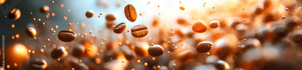 Bunch of coffee beans are flying through the air. Concept of chaos and movement, as the beans are scattered in various directions Bunch of coffee beans are flying through the air. Concept of chaos and movement, as the beans are scattered in various directions