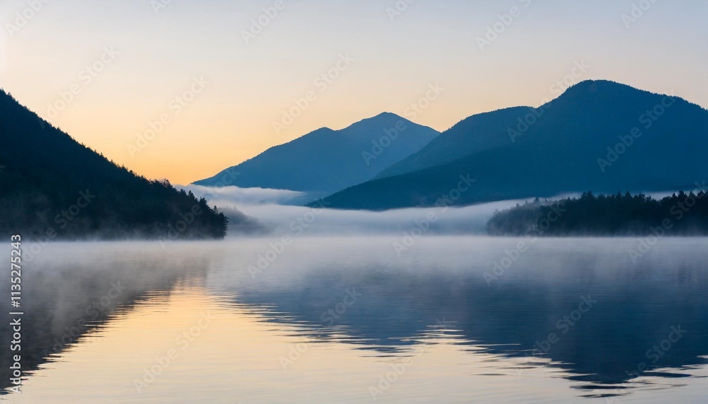 Crisp Morning Mist Hovering Over Serene Lake with Reflective Mountain Backdrop Crisp Morning Mist Hovering Over Serene Lake with Reflective Mountain Backdrop