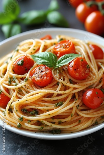 Fresh spaghetti with cherry tomatoes and basil leaves prepared in a modern ki...