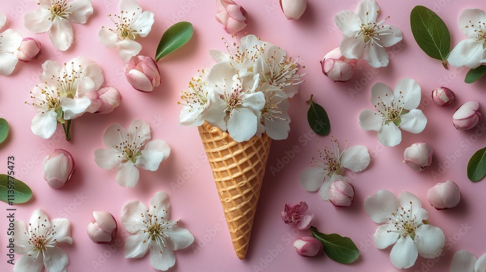 Three ice cream cones filled with delicate white flowers on a pink background Three ice cream cones filled with delicate white flowers on a pink background