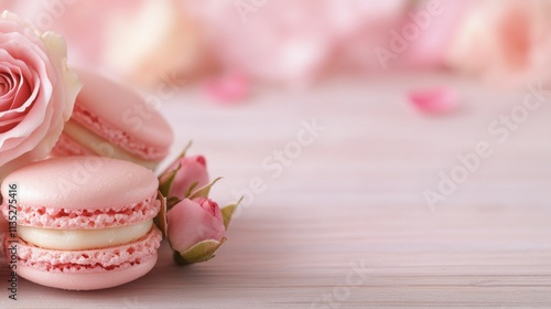 Delicate pink macarons arranged with fresh roses on light wooden surface