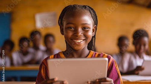 Happy African Teen School Girl Holding a Device, Perfect for Educational and Technology Contexts