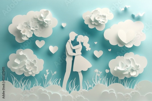 Romantic Paper Cutout Scene of a Couple Embracing Surrounded by Hearts and Clouds in a Soft Blue Background for Love and Relationship Themes