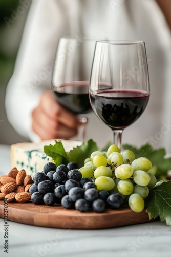 Enjoying red wine with fresh grapes in a cozy dining setting during the evening