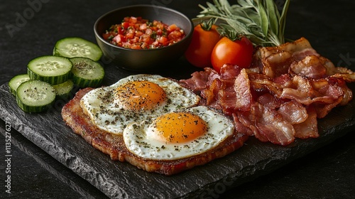 Delicious breakfast plate with eggs, bacon, and fresh vegetables served on a ...