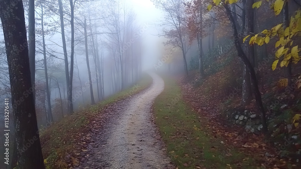 Enchanting autumn pathway draped in vibrant leaves and morning mist Enchanting autumn pathway draped in vibrant leaves and morning mist